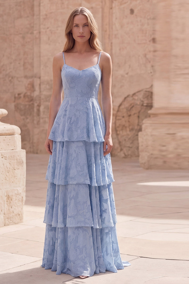 Load image into Gallery viewer, Dusty Blue Floral A Line Lace Long Formal Dress with Ruffles