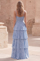Load image into Gallery viewer, Dusty Blue Floral A Line Lace Long Formal Dress with Ruffles