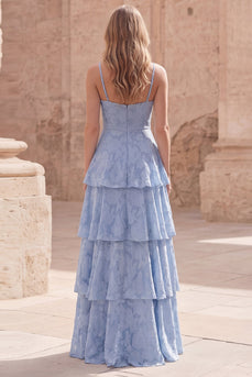 Dusty Blue Floral A Line Lace Long Formal Dress with Ruffles