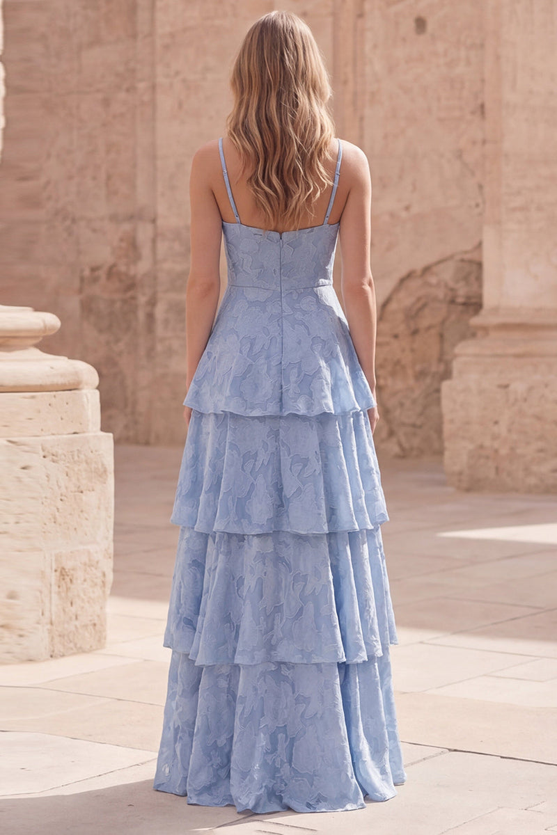 Load image into Gallery viewer, Dusty Blue Floral A Line Lace Long Formal Dress with Ruffles