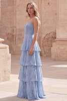 Load image into Gallery viewer, Dusty Blue Floral A Line Lace Long Formal Dress with Ruffles