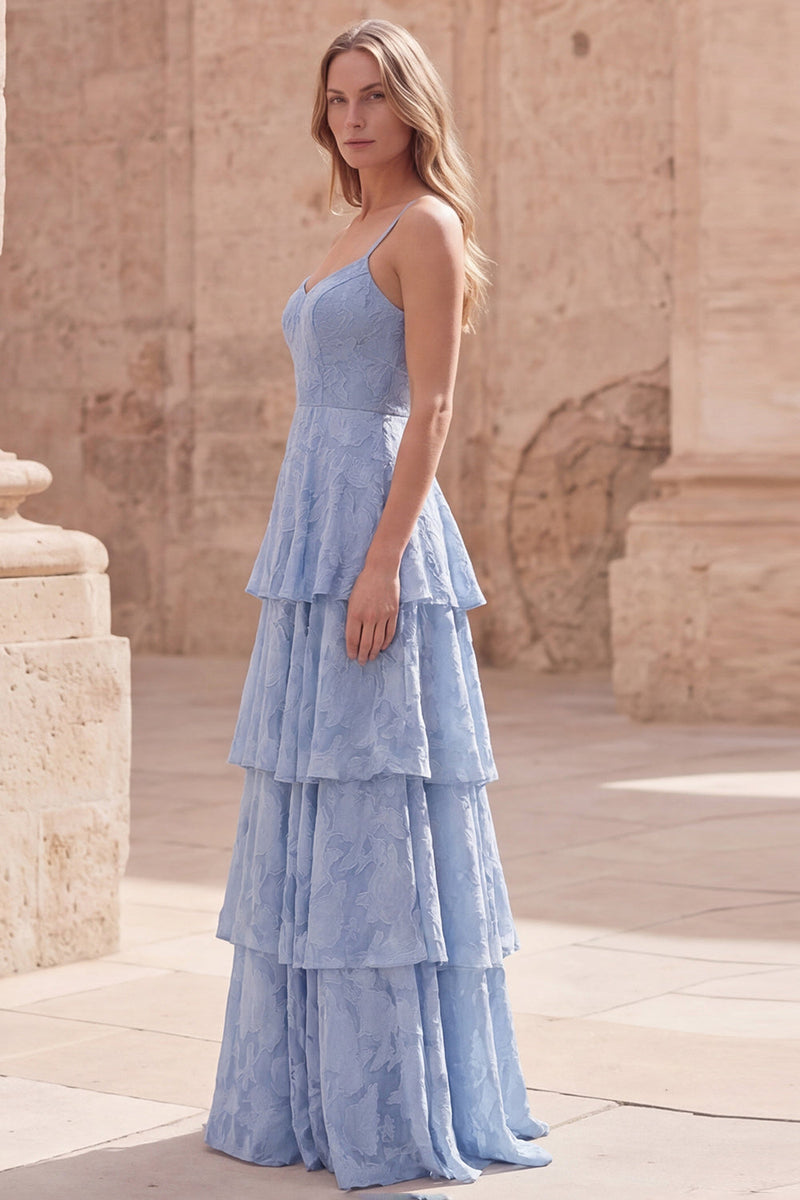Load image into Gallery viewer, Dusty Blue Floral A Line Lace Long Formal Dress with Ruffles