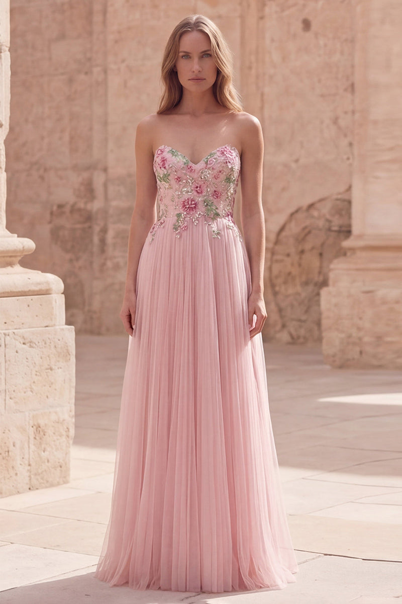 Load image into Gallery viewer, Pink Floral A Line Strapless Long Formal Dress