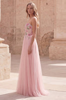 Load image into Gallery viewer, Pink Floral A Line Strapless Long Formal Dress
