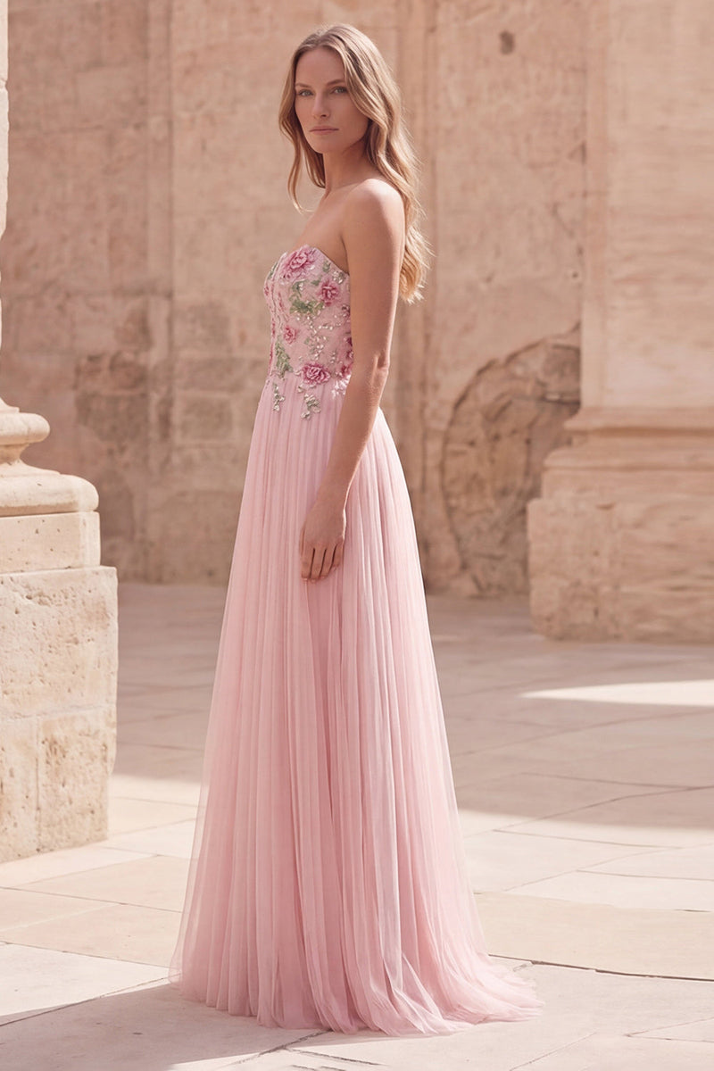 Load image into Gallery viewer, Pink Floral A Line Strapless Long Formal Dress
