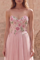Load image into Gallery viewer, Pink Floral A Line Strapless Long Formal Dress
