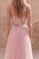Load image into Gallery viewer, Pink Floral A Line Strapless Long Formal Dress