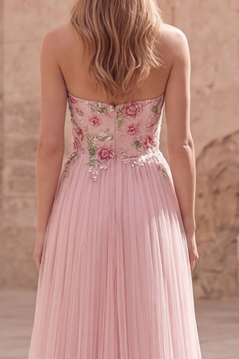 Load image into Gallery viewer, Pink Floral A Line Strapless Long Formal Dress