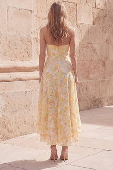 Yellow Floral A Line Strapless Asymmetrical Formal Dress