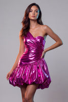 Load image into Gallery viewer, Fuchsia Metallic Glitter A Line Ruched Short Vintage 80s Prom Dress