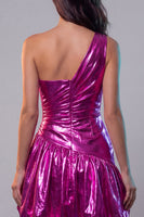 Load image into Gallery viewer, Fuchsia Metallic Glitter A Line Ruched Short Vintage 80s Prom Dress