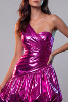 Load image into Gallery viewer, Fuchsia Metallic Glitter A Line Ruched Short Vintage 80s Prom Dress
