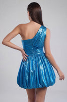 Load image into Gallery viewer, Ink Blue A Line Metallic Glitter Ruched Short Vintage 80s Prom Dress