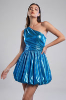 Load image into Gallery viewer, Ink Blue A Line Metallic Glitter Ruched Short Vintage 80s Prom Dress