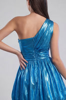 Load image into Gallery viewer, Ink Blue A Line Metallic Glitter Ruched Short Vintage 80s Prom Dress