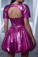 Load image into Gallery viewer, Fuchsia Metallic Glitter Detachable Cape A Line Sweetheart Short Vintage 80s Prom Dress