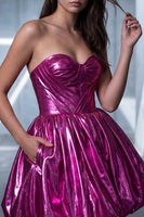 Load image into Gallery viewer, Fuchsia Metallic Glitter Detachable Cape A Line Sweetheart Short Vintage 80s Prom Dress