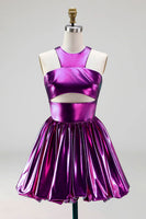 Load image into Gallery viewer, Fuchsia Metallic Glitter A Line Short Vintage 80s Prom Dress with Keyhole