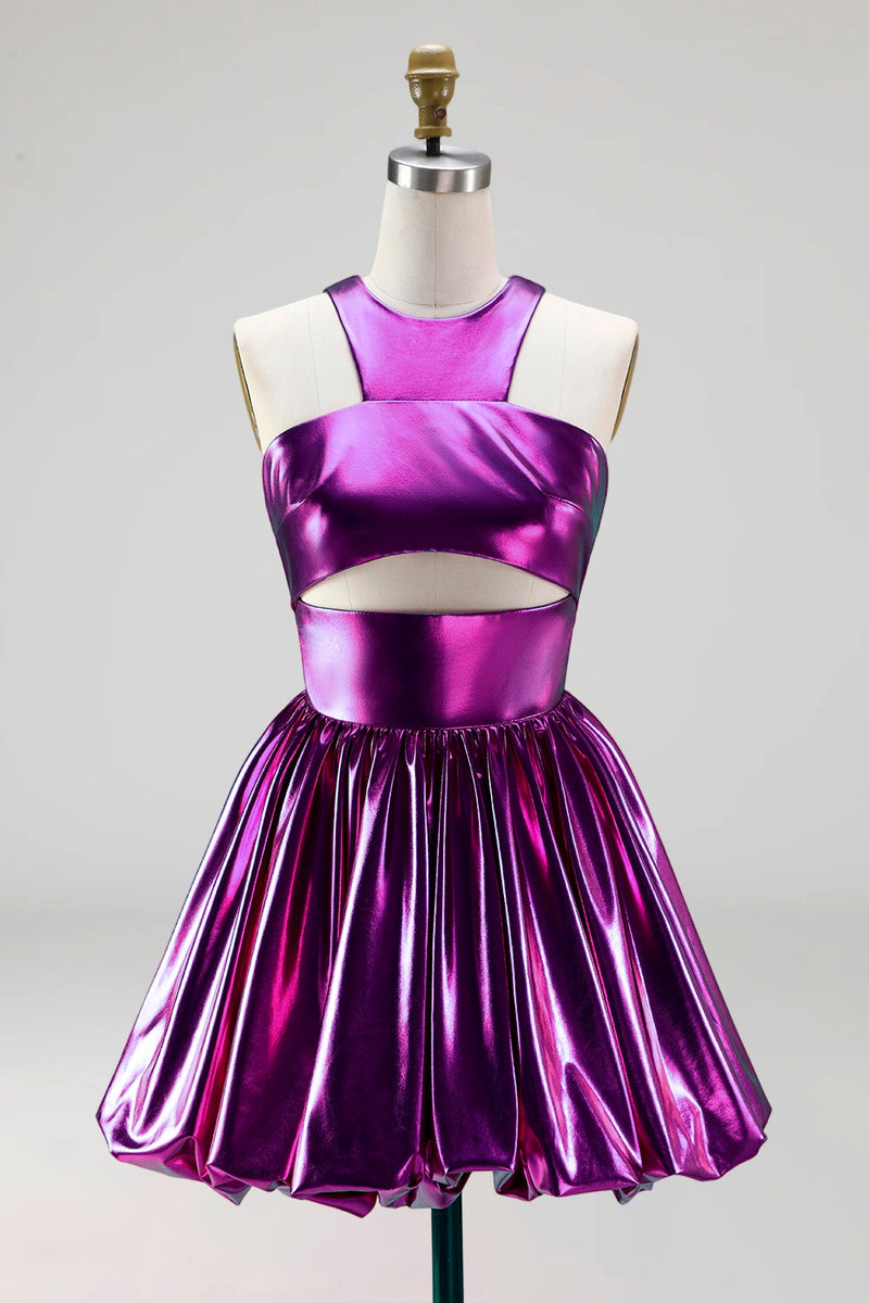 Load image into Gallery viewer, Fuchsia Metallic Glitter A Line Short Vintage 80s Prom Dress with Keyhole