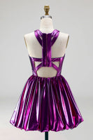 Load image into Gallery viewer, Fuchsia Metallic Glitter A Line Short Vintage 80s Prom Dress with Keyhole