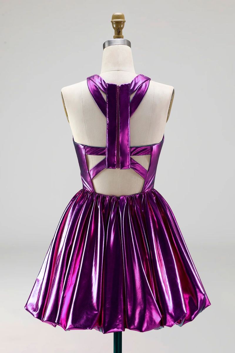 Load image into Gallery viewer, Fuchsia Metallic Glitter A Line Short Vintage 80s Prom Dress with Keyhole