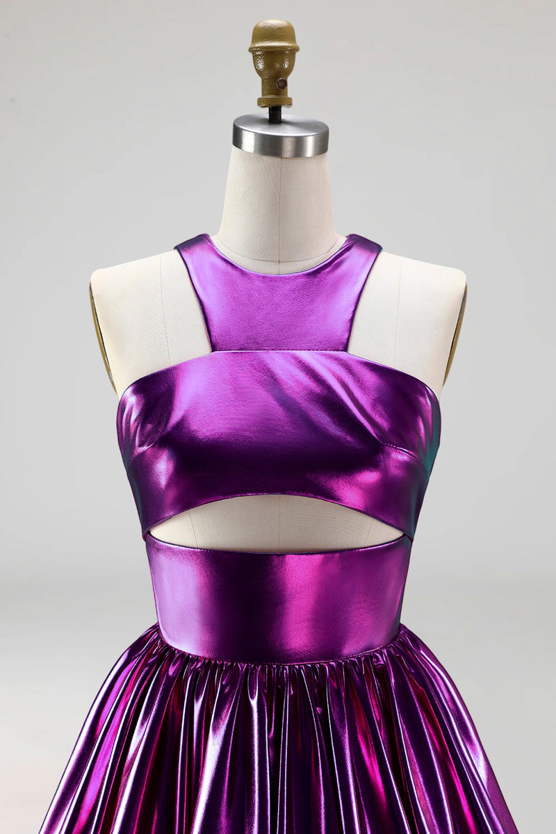 Load image into Gallery viewer, Fuchsia Metallic Glitter A Line Short Vintage 80s Prom Dress with Keyhole
