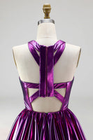 Load image into Gallery viewer, Fuchsia Metallic Glitter A Line Short Vintage 80s Prom Dress with Keyhole