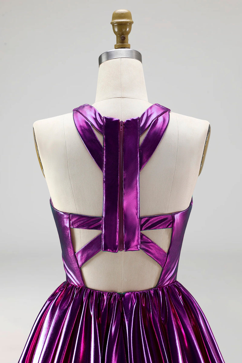 Load image into Gallery viewer, Fuchsia Metallic Glitter A Line Short Vintage 80s Prom Dress with Keyhole