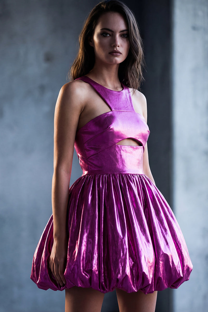 Load image into Gallery viewer, Fuchsia Metallic Glitter A Line Short Vintage 80s Prom Dress with Keyhole