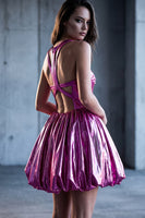 Load image into Gallery viewer, Fuchsia Metallic Glitter A Line Short Vintage 80s Prom Dress with Keyhole
