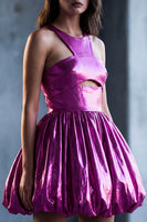 Load image into Gallery viewer, Fuchsia Metallic Glitter A Line Short Vintage 80s Prom Dress with Keyhole