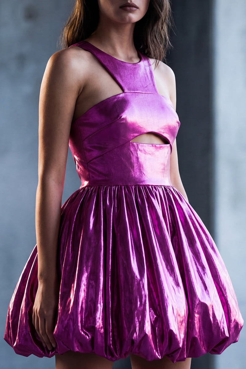 Load image into Gallery viewer, Fuchsia Metallic Glitter A Line Short Vintage 80s Prom Dress with Keyhole