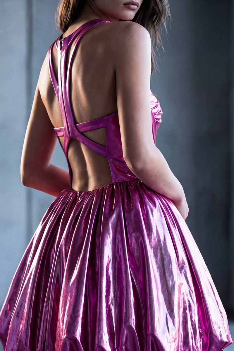 Load image into Gallery viewer, Fuchsia Metallic Glitter A Line Short Vintage 80s Prom Dress with Keyhole