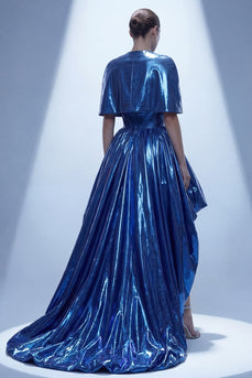 Navy Metallic Glitter Detachable Cape Corset A Line High Low Vintage 80s Prom Dress