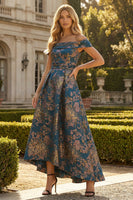 Load image into Gallery viewer, Floral Peacock Blue Off the Shoulder A Line Asymmetrical Formal Dress