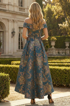 Floral Peacock Blue Off the Shoulder A Line Asymmetrical Formal Dress