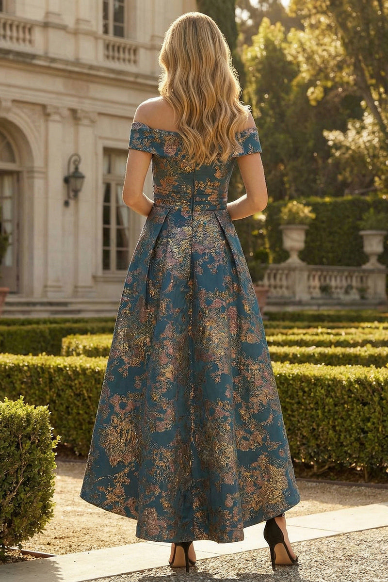 Load image into Gallery viewer, Floral Peacock Blue Off the Shoulder A Line Asymmetrical Formal Dress