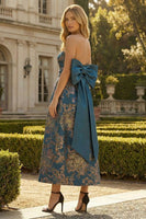 Load image into Gallery viewer, Peacock Blue A Line Strapless Floral Long Formal Dress with Bow