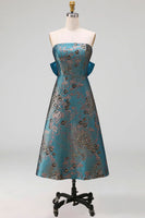 Load image into Gallery viewer, Peacock Blue A Line Strapless Floral Long Formal Dress with Bow