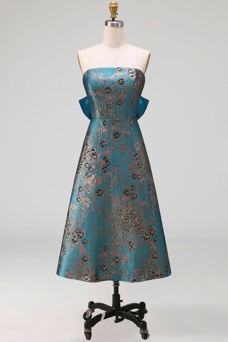 Load image into Gallery viewer, Peacock Blue A Line Strapless Floral Long Formal Dress with Bow