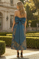 Load image into Gallery viewer, Peacock Blue A Line Strapless Floral Long Formal Dress with Bow