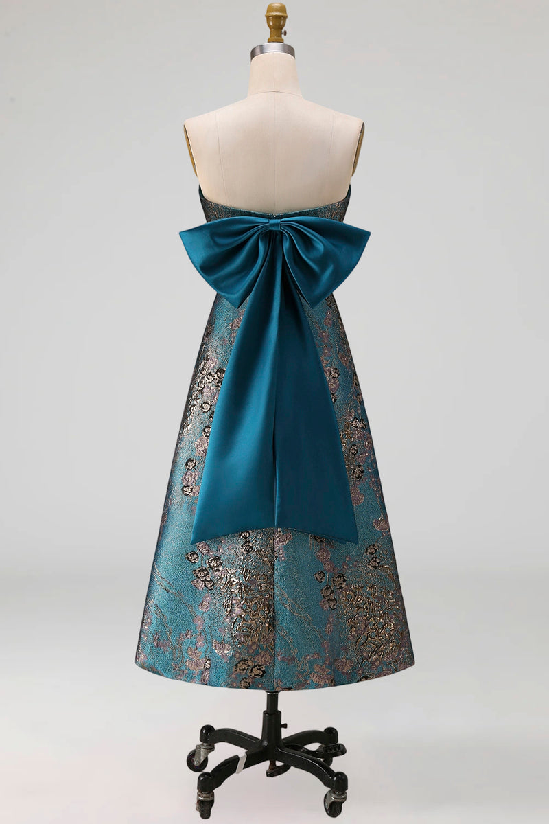 Load image into Gallery viewer, Peacock Blue A Line Strapless Floral Long Formal Dress with Bow