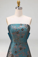 Load image into Gallery viewer, Peacock Blue A Line Strapless Floral Long Formal Dress with Bow