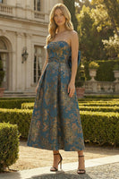 Load image into Gallery viewer, Peacock Blue A Line Strapless Floral Long Formal Dress with Bow