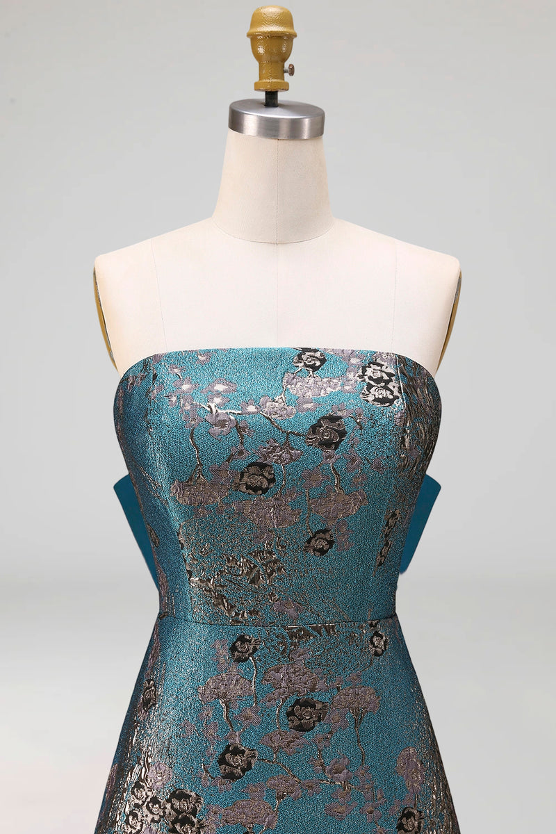 Load image into Gallery viewer, Peacock Blue A Line Strapless Floral Long Formal Dress with Bow