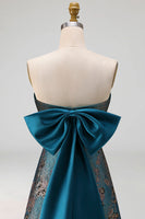 Load image into Gallery viewer, Peacock Blue A Line Strapless Floral Long Formal Dress with Bow