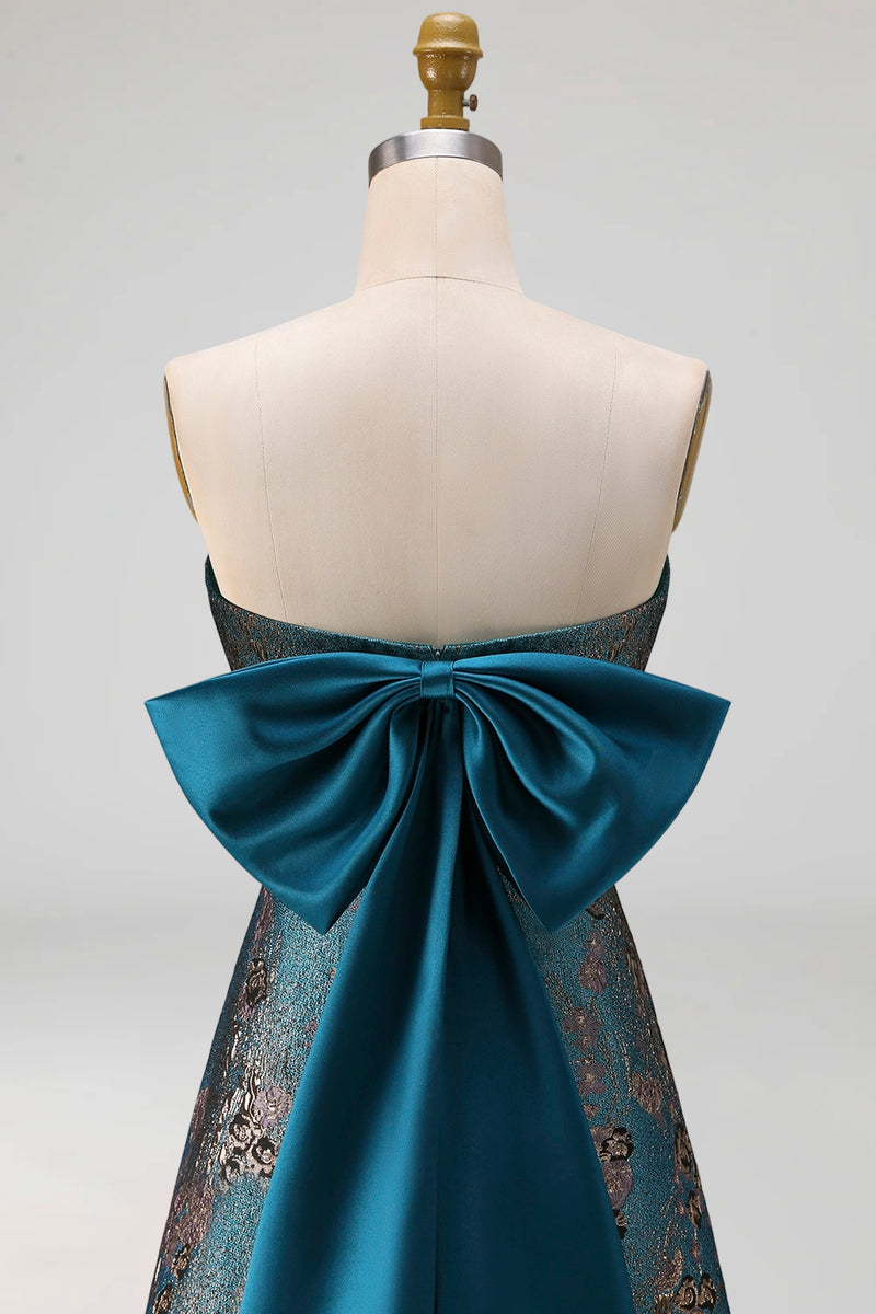 Load image into Gallery viewer, Peacock Blue A Line Strapless Floral Long Formal Dress with Bow