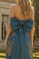 Load image into Gallery viewer, Peacock Blue A Line Strapless Floral Long Formal Dress with Bow