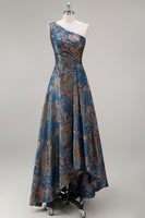 Load image into Gallery viewer, Peacock Blue Floral A Line One Shoulder Asymmetrical Formal Dress