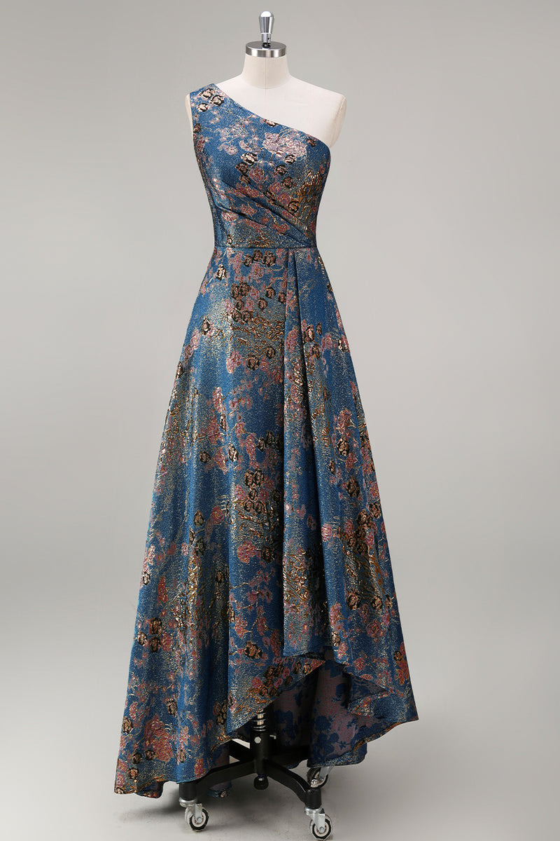 Load image into Gallery viewer, Peacock Blue Floral A Line One Shoulder Asymmetrical Formal Dress